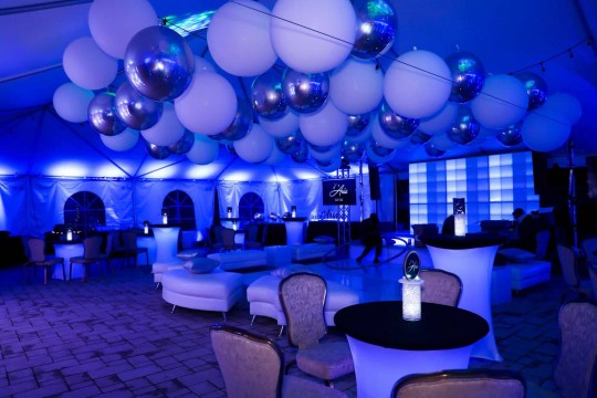 Large White & Silver Orbz Ceiling Treatment for Tent Bat Mitzvah