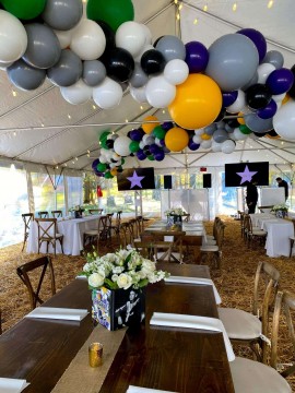 Organic Balloon Garland on Ceiling of Tent for Rustic Themed Bar Mitzvah