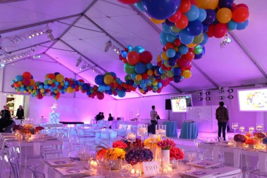Multi Colored Balloon Sculpture over Tent Ceiling