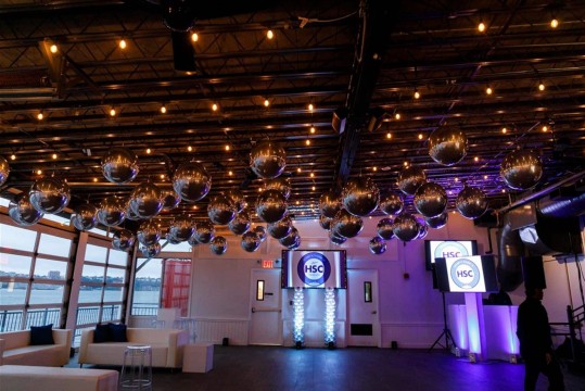 Silver Orbz Ceiling Install over Dance Floor for Bar Mitzvah at Sunset Terrace, NYC