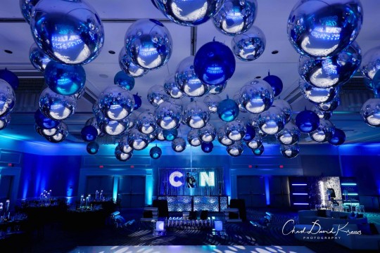 Silver & Blue Metallic Orbz Ceiling Install with Custom LED Bar & LED Uplighting at Hyatt Regency, Greenwich