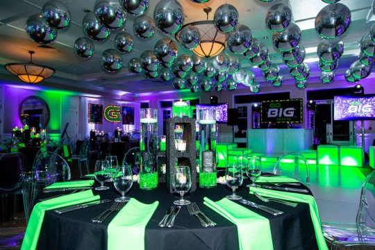 Silver Metallic Orbz Ceiling Treatment Over Dance floor for Neon Themed Bar Mitzvah at Tamarack Country Club