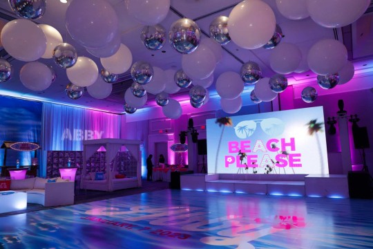 Tropical Themed Bat Mitzvah with White & Silver Balloons over Dance Floor at Greenwich Hyatt