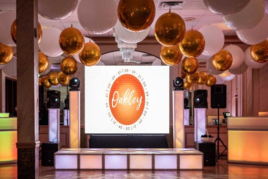 Large White Balloons & Gold Orbz Ceiling Treatment Over Dance Floor for Indoor Bat Mitzvah