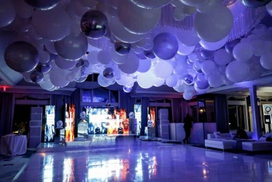 White & Silver Organic Balloon Sculpture on Ceiling over Dance Floor for B'nai Mitzvah at Montammy Golf Club