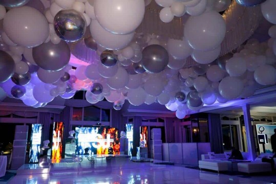White & Silver Organic Balloon Sculpture on Ceiling over Dance Floor for B'nai Mitzvah at Montammy Golf Club