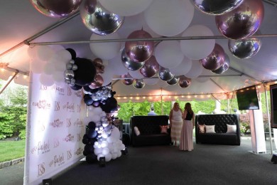 White 3' Balloons, Metallic Silver & Rose Gold Orbz Over Dance Floor for Tent Party Decor