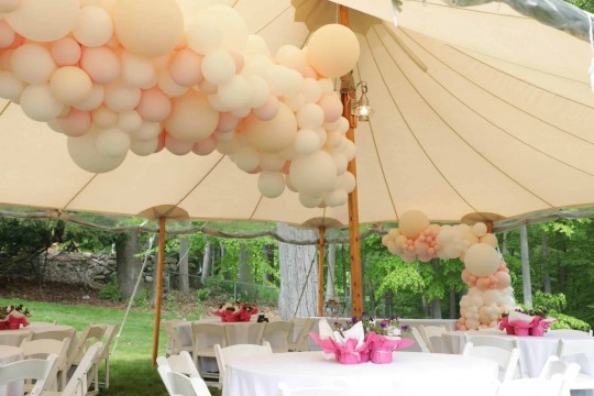 Organic Balloon Garland on Tent Ceiling For Outdoor Baby Shower Decor