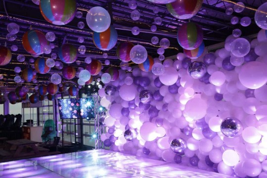 Metallic Beach Ball & Clear Bubble Balloons over Room for Beach Themed Bat Mitzvah at Sunset Terrace, NYC