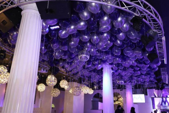 Purple & Silver Ceiling Balloons with Shimmer Ribbon over Dance Floor at The Coliseum, White Plains