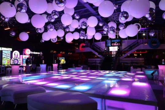 LED Ceiling Balloon Treatment with Metallic Orbz at Bowlmor, Chelsea Piers