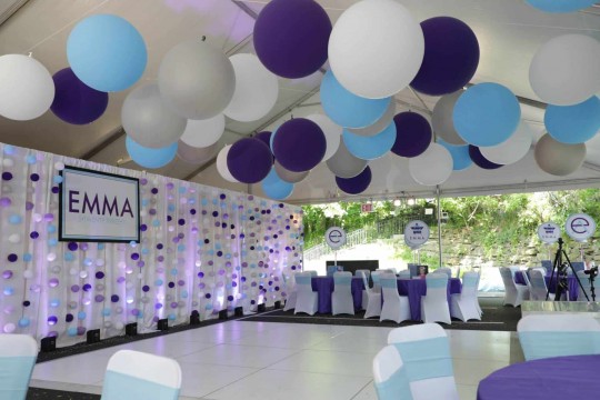 Purple, Baby Blue, White & Silver 3' Balloons Over Dance Floor for Outdoor Bat Mitzvah Party Decor