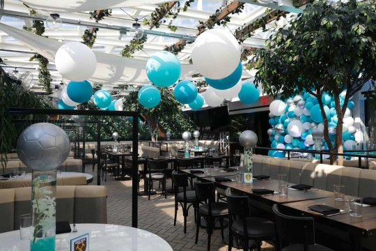 While & Turquoise Large Balloons on Tent Ceiling For Outdoor Bat Mitzvah Decor