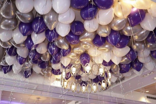 Purple & Silver Balloons on Ceiling  over Dance Floor with Shimmer Ribbon