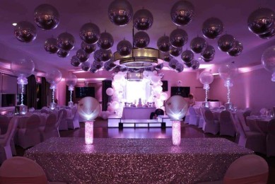 Silver Metallic Balloon Orbz  over Dance Floor for 4th Birthday at Pomona Park Clubhouse