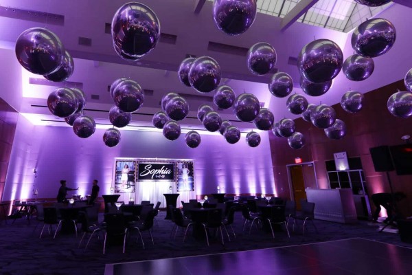 Silver Metallic Orbs Ceiling Treatment for Galaxy Themed Bat Mitzvah at the W Hotel, Hoboken