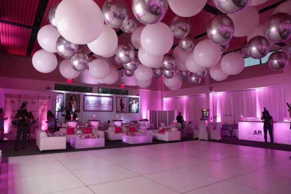 White & Silver Orbz Balloon Treatment over Dance Floor at Temple Beth El, Chappaqua