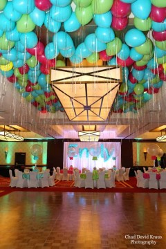 Multi-Colored Ceiling Balloons with Silver Shimmer Ribbon