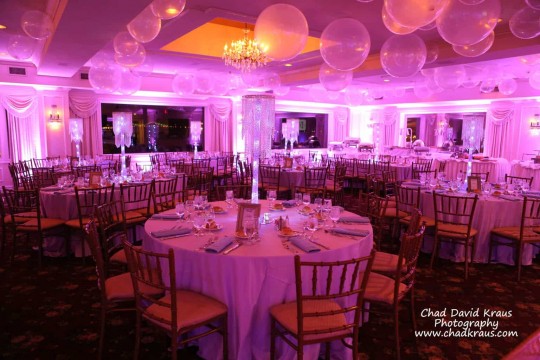 Clear Bubble Balloons on Ceiling with LED Uplighting & Chandelier Centerpieces