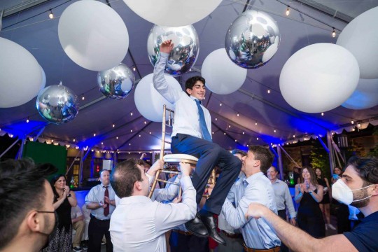 Large White Balloons & Silver Metallic Orbz  over Dance Floor for Outdoor Bar Mitzvah