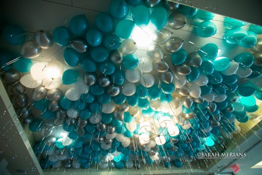 Turquoise & Silver Ceiling Balloons with Shimmer Ribbon