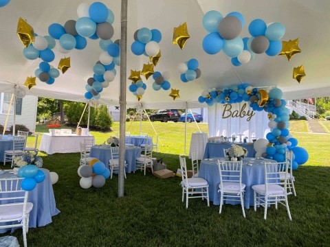 Clusters of Balloons & Dazzle Stars on Tent Ceiling For Outdoor Baby Shower