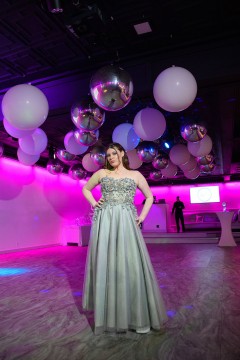 Large White Balloons and Silver Metallic Orbz Ceiling Treatment Over Dance Floor with Lavender Up Lighting Around Room as Accent Decor for Bat Mitzvah