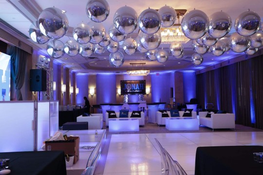 Silver Metallic Orbz Balloons over Dance Floor with Custom LED Lounge & Blue Uplighting at the Hilton, Woodcliff Lake