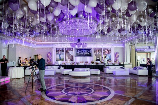 Lavender, Silver & White Ceiling Balloons with Shimmer Ribbon for Bat Mitzvah at Marina Del Ray