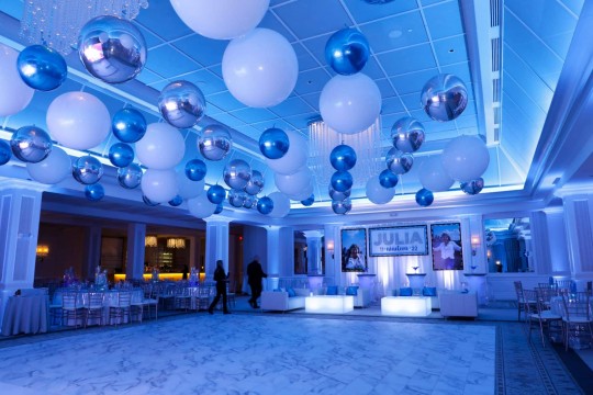 White, Blue & Silver Ceiling Balloon Treatment over Dance Floor at Edgewood Country club