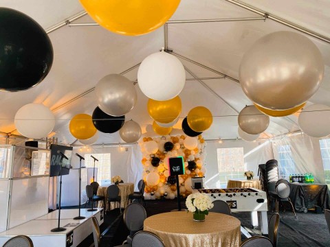 Large White, Black, Yellow & Gold Balloons Ceiling Treatment for Tent Bat Mitzvah