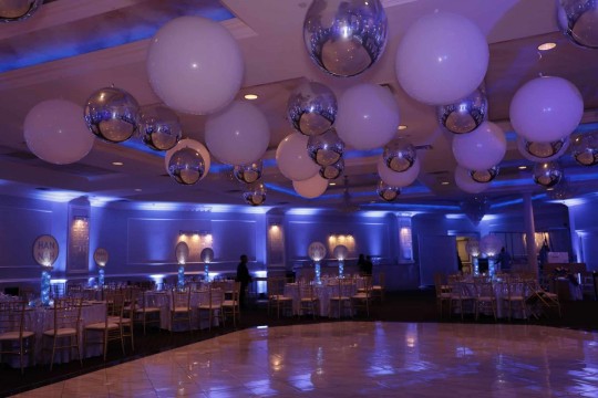 White & Silver Ceiling Balloons and Blue Uplighting  at Wilshire Grand, West Orange