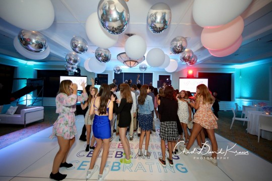 Classic Large White Balloons and Metallic Silver Orbz Around Dance Floor Ceiling for Bat Mitzvah