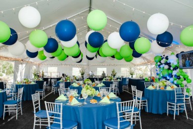 While, Navy Blue & Green Large Balloons on Tent Ceiling For Outdoor Bar Mitzvah Decor