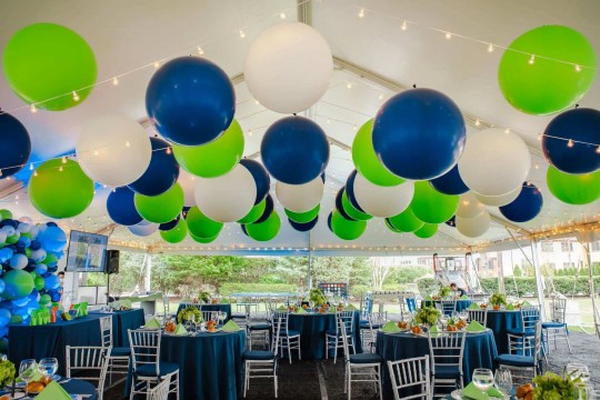 While, Navy Blue & Green Large Balloons on Tent Ceiling For Outdoor Bar Mitzvah Decor
