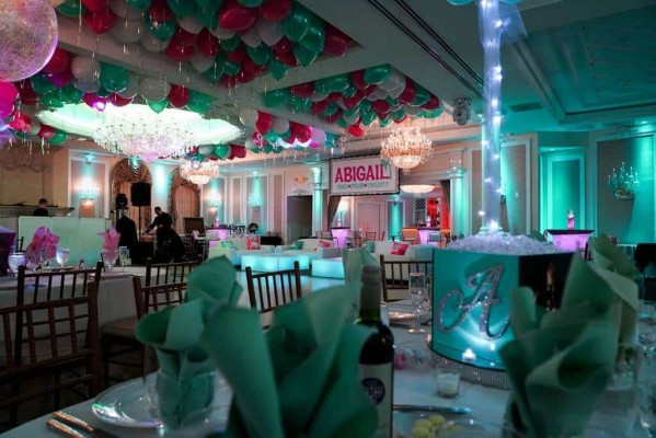 Pink & Mint Green Ceiling Balloons with Silver Shimmer Ribbon over Dance Floor at Primavera Regency, Stirling, NJ