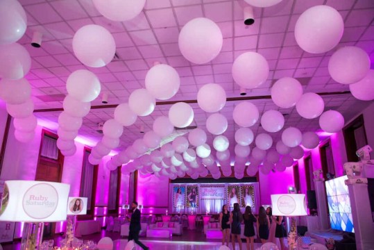 3' White Balloons on Ceiling with Pink LED Lighting at Temple Israel Center, White Plains