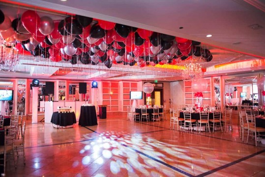 Red, Black & Silver Ceiling Balloons with Shimmer Ribbon over Dance Floor at Seasons Catering