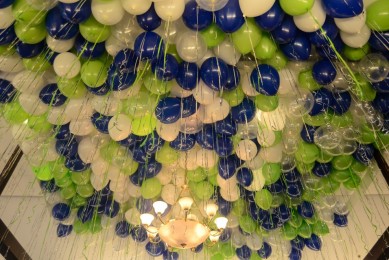 Blue & Lime Ceiling Balloons over Dance Floor with Shimmer Ribbon