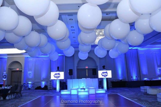 White Balloon Ceiling Treatment over Dance Floor for Bar Mitzvah at the Park Ridge Marriott, NJ