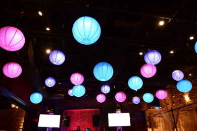 LED Lit Paper Lanterns Hanging from Ceiling