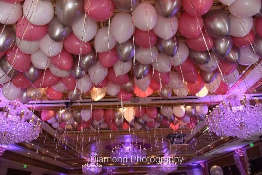Pink & Silver Ceiling Balloons with Silver Shimmer Ribbon at Seasons Catering, NJ