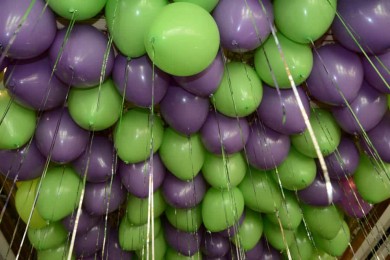 Lavender & Lime Green Loose Ceiling Balloons with Shimmer Ribbon over Dance Floor