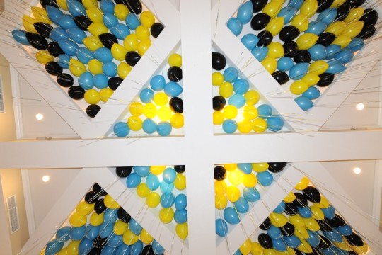 Yellow, Turquoise & Black Ceiling Balloons with Shimmer Ribbon