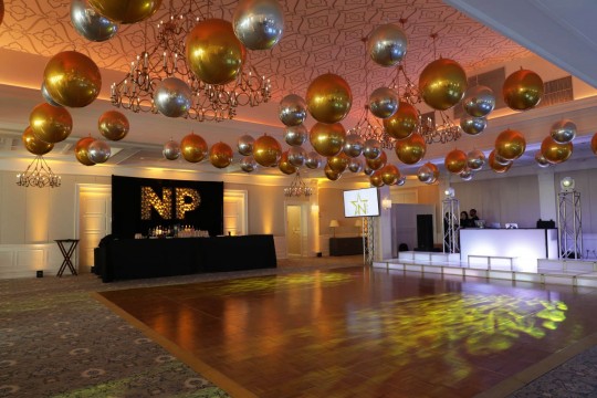 Gold & Silver Ceiling Orbz over Dance Floor at Preakness Hills Country Club