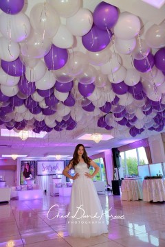 Lavender & White Ceiling Balloons over Dance Floor at Davenport Mansion