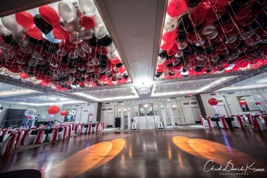 Red, Black & Silver Ceiling Balloons over Dance Floor with Shimmer Ribbon at The Westin, Morristown