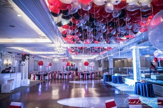Red, Black & Silver Ceiling Balloons over Dance Floor with Shimmer Ribbon at The Westin, Morristown