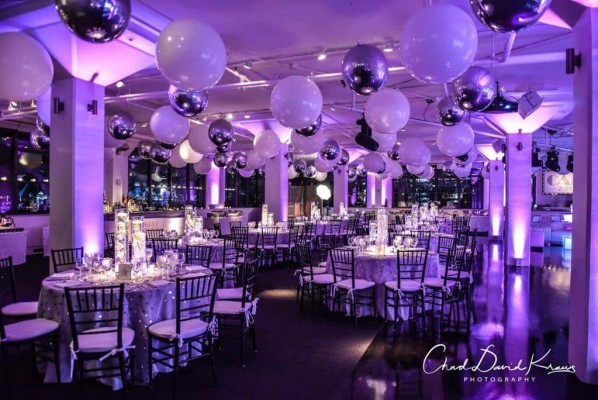 White & Silver Orbz Ceiling Treatment for Hollywood Themed Bat Mitzvah at Tribeca 360, NYC