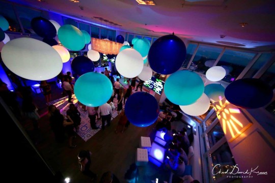 Navy, Turquoise & White Jumbo Balloons with LED Lights over Dance Floor at Kanopi